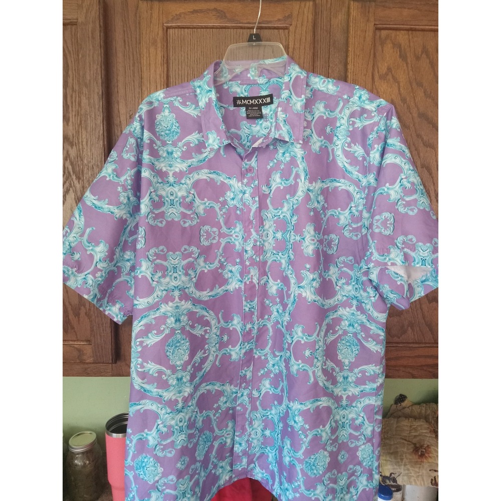 MCMXXXIII Mens 3XL Short Sleeve Button Down Shirt Purple Baroque Scroll Print